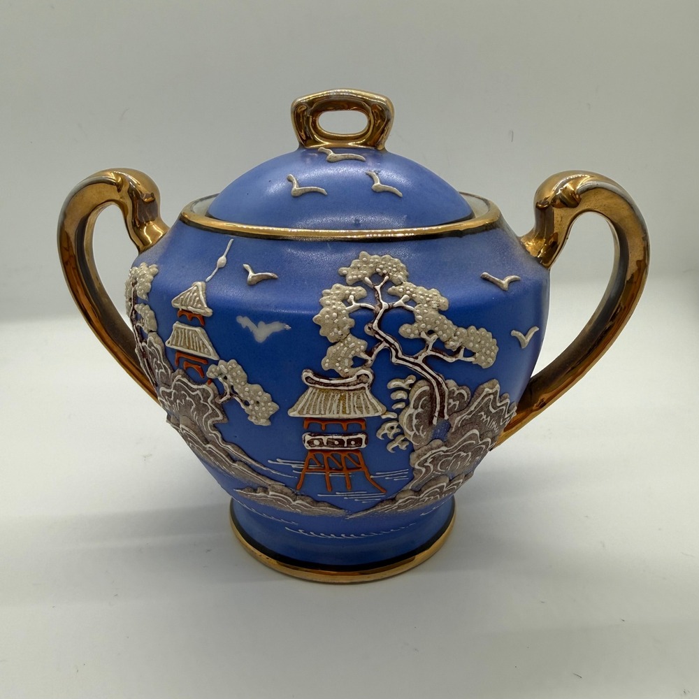 Vintage Moriage Sugar Bowl Hand Painted Made in Japan Blue Gold Pagoda Scene